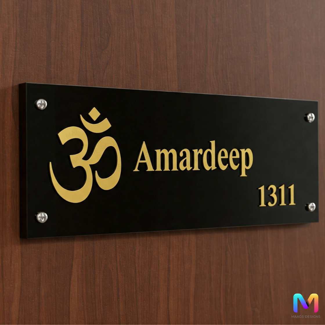 Gold Grace Nameplate (Acrylic) | Hari Om Symbol Name Plate | Premium Custom Name Plate for Home