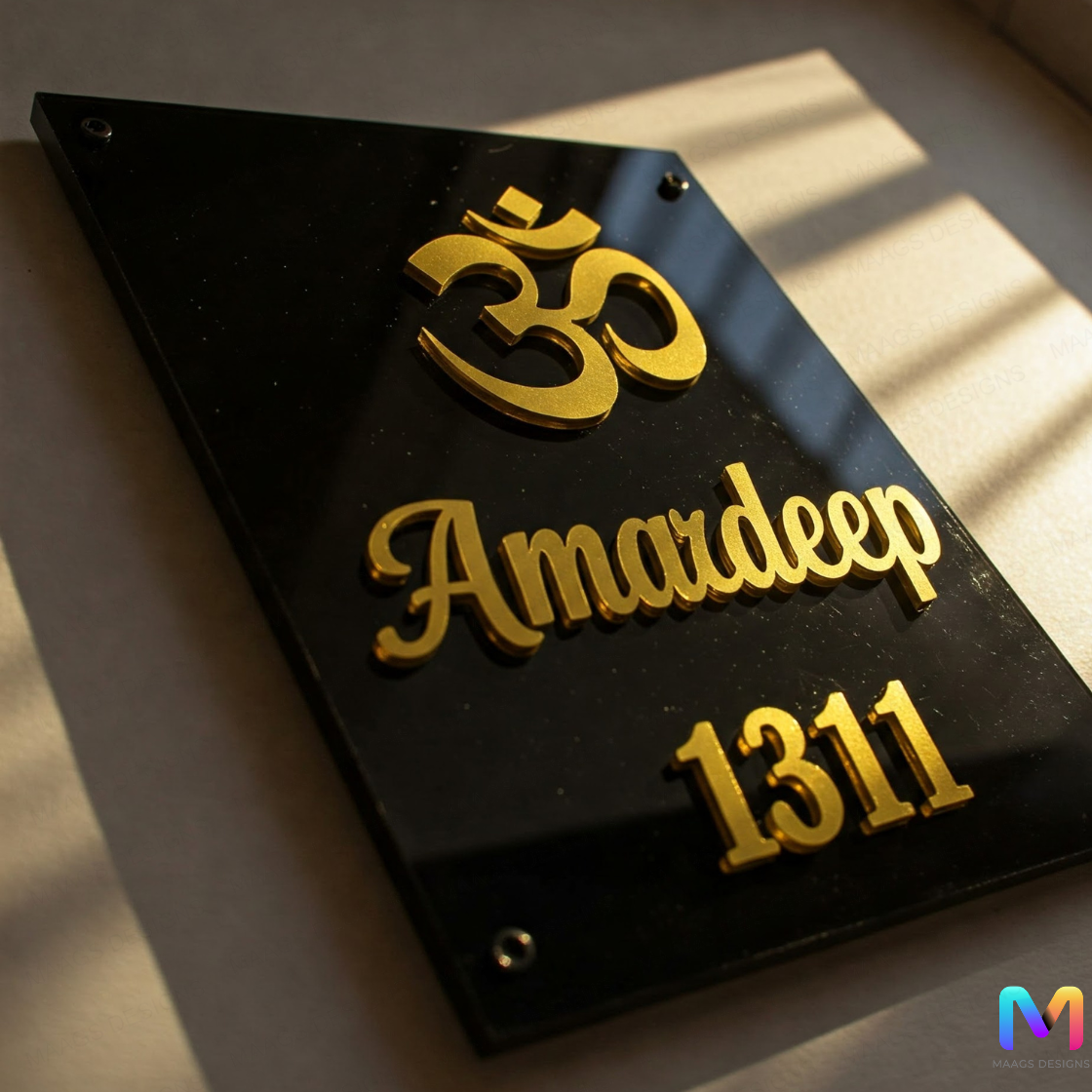 Gold Grace Nameplate (Acrylic) | Hari Om Symbol Name Plate | Premium Custom Name Plate for Home Acrylic: Gold in Black