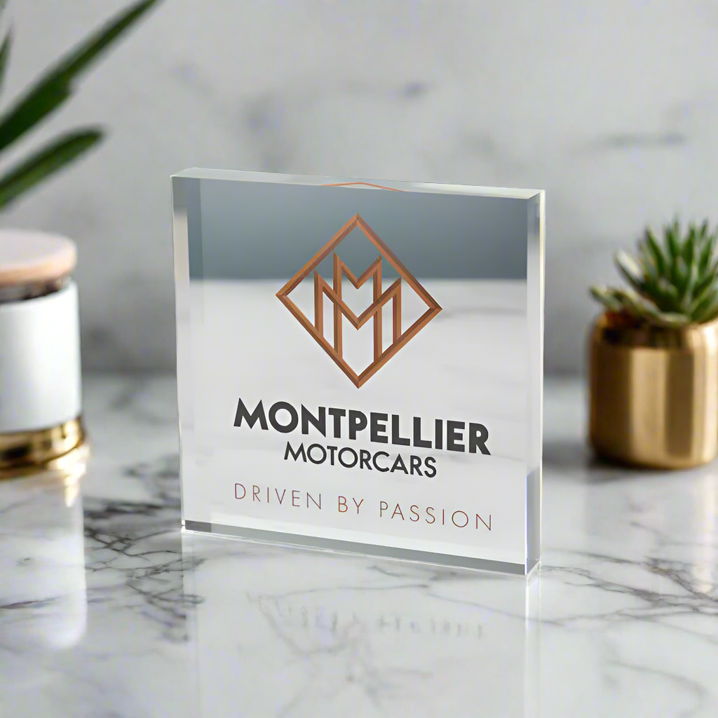 Business Logo Block | Office Logo Desk Display, Business Office Decor 3.5" x 3.5" inches Clear