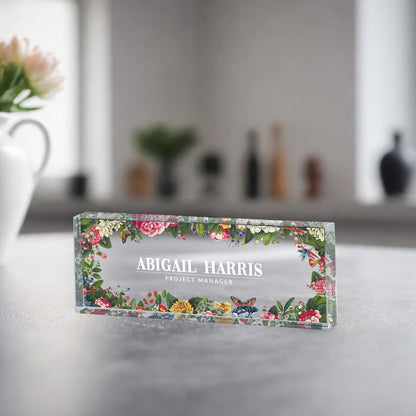 Acrylic Desk Name Plate - Floral Designation, Acrylic Name Plate for Desk, Custom Desk Name Plaque