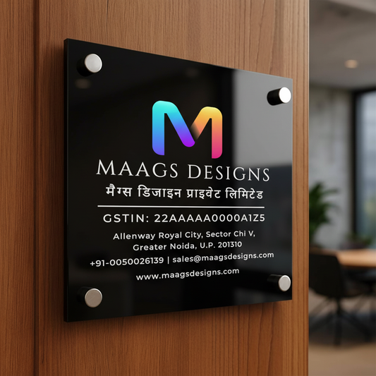 Office Logo Name Plate for Office, Restaurant and Shops (Acrylic), GST Name Plate in Acrylic Acrylic: Glossy Black UV Printing