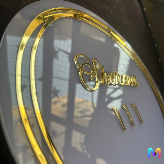 Gold Halo Acrylic Name Plate, Circular Name Plate with 3D Gold Letters