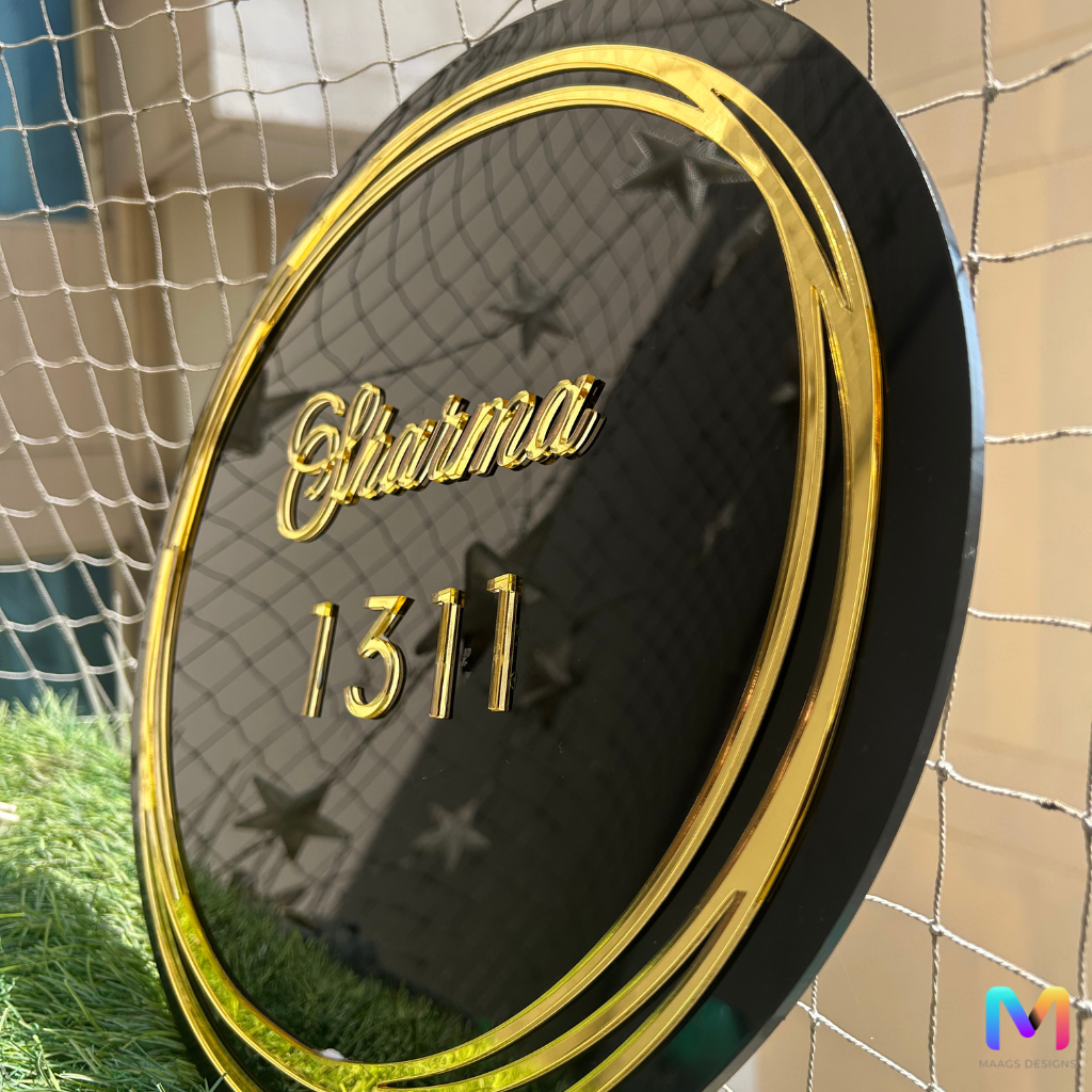 Gold Halo Acrylic Name Plate, Circular Name Plate with 3D Gold Letters