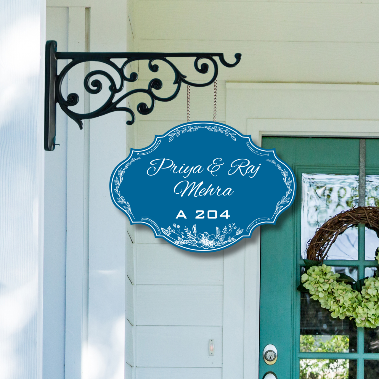 Ethereal Collection - The Blue Laurel - Hanging Name Plate For Home 12 x 8 inches Blue Hanging: Decorative Frame