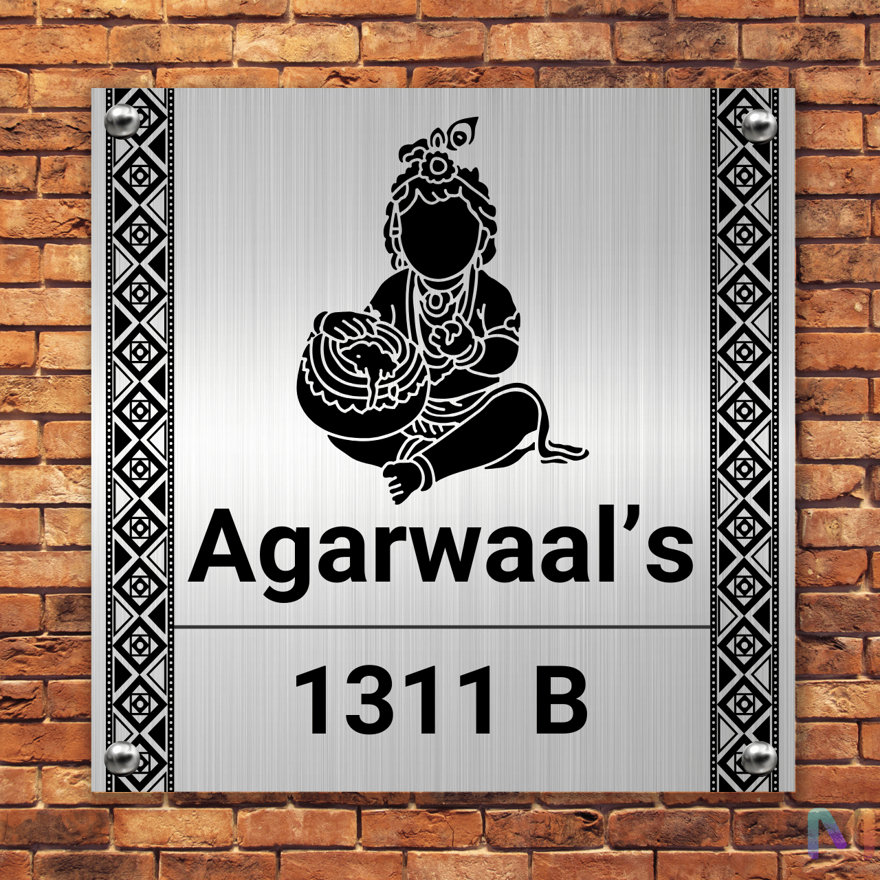 Divinity Collection - Bal Gopal Krishna (Stainless Steel) | Premium Custom Name Plate for Home 14 x 14 inches