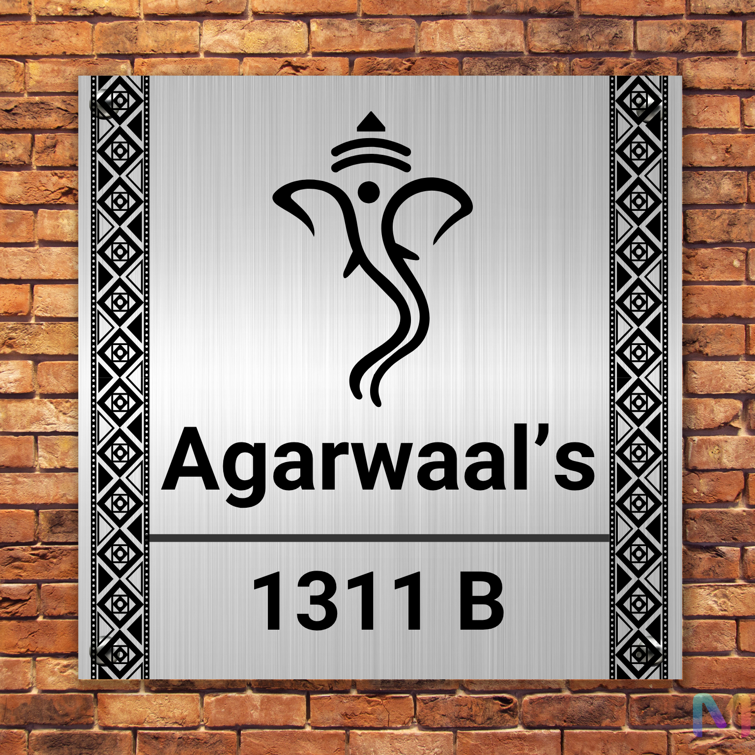 Divinity Collection - Ganesh Ji (Stainless Steel), Premium Custom Name Plate for Home 14 x 14 inches