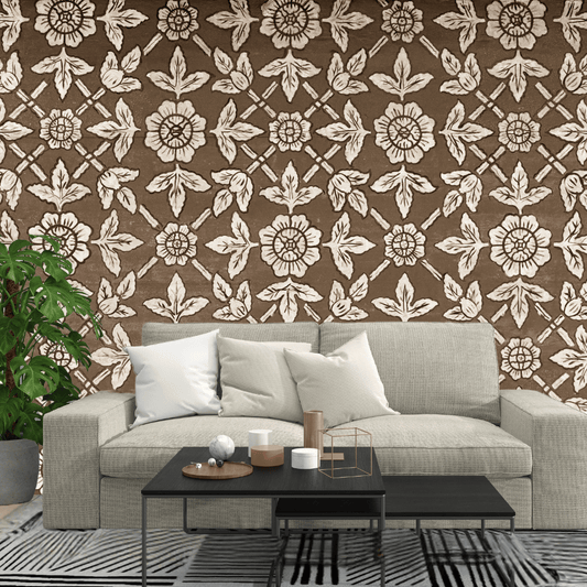 Wallpaper - Vintage Floral Weave (Vinyl) | Premium Quality Wallpapers for Home (Installation not included)