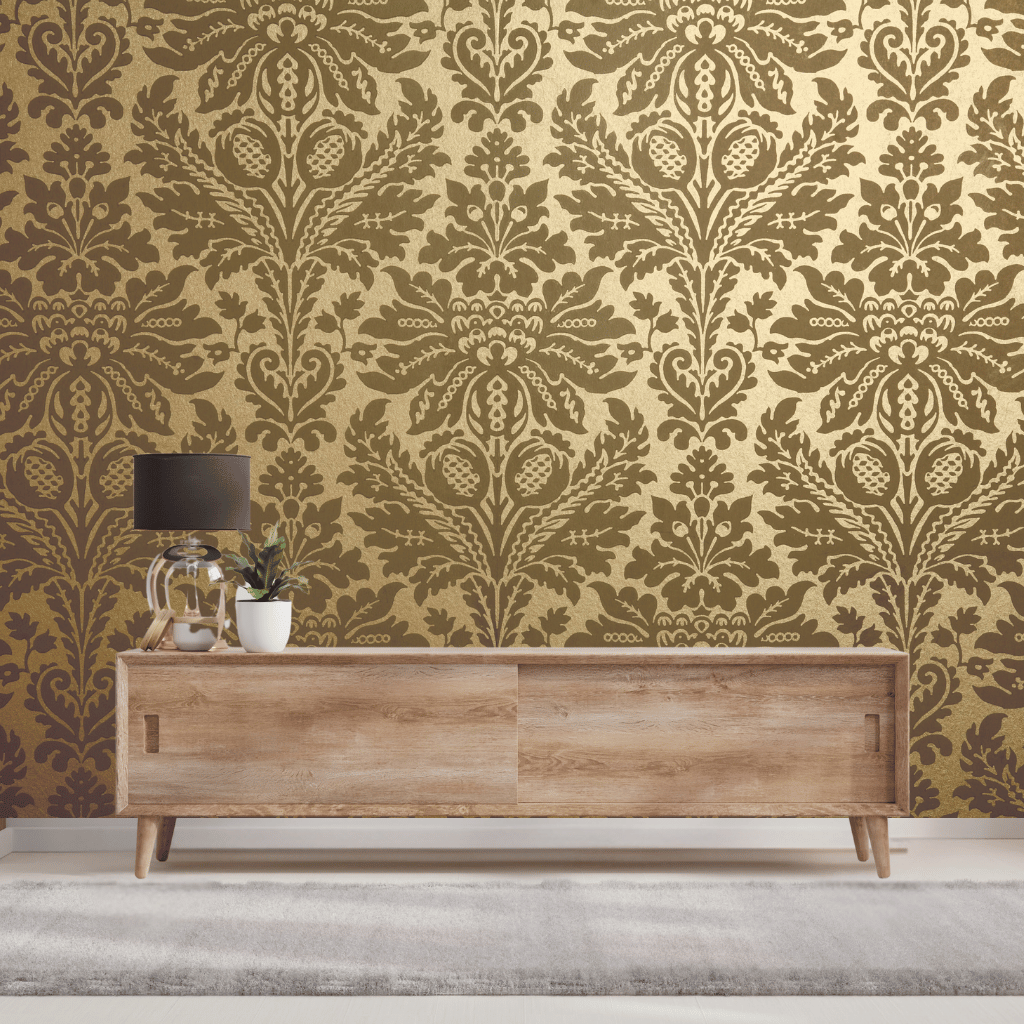 Wallpaper - Floral Retro Gold (Vinyl) | Premium Quality Wallpapers for Home (Installation not included)