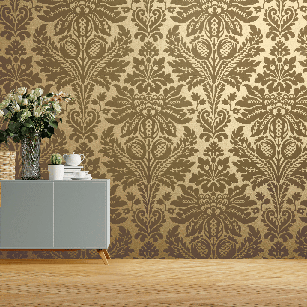 Wallpaper - Floral Retro Gold (Vinyl) | Premium Quality Wallpapers for Home (Installation not included)