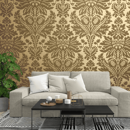 Wallpaper - Floral Retro Gold (Vinyl) | Premium Quality Wallpapers for Home (Installation not included)