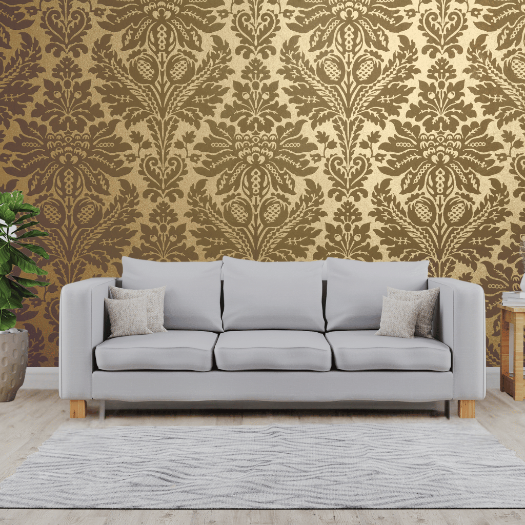 Wallpaper - Floral Retro Gold (Vinyl) | Premium Quality Wallpapers for Home (Installation not included)