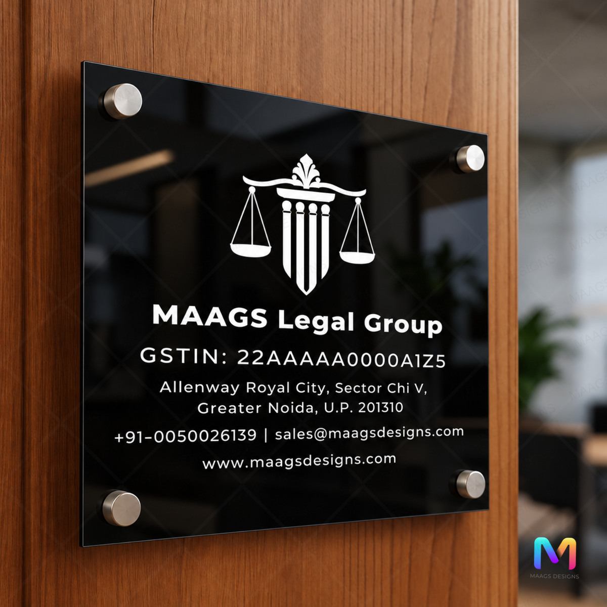Laywers Logo Name Plate - White (Acrylic) Acrylic: Glossy Black UV Printing