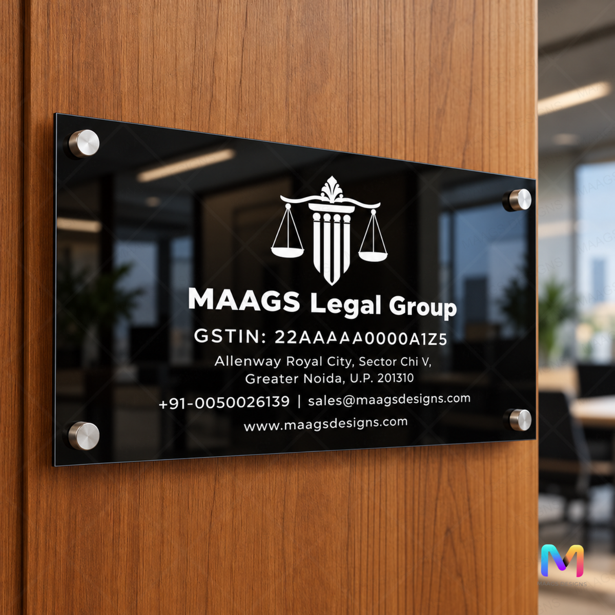 Laywers Logo Name Plate - White (Acrylic) Acrylic: Glossy Black UV Printing