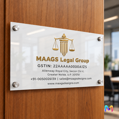 Laywers Logo Name Plate - White (Acrylic) Acrylic: Glossy White UV Printing