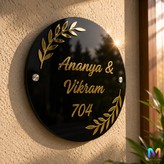 Gold Leaf Circular Acrylic Name Plate, Premium Name Plate Acrylic: Gold in Black