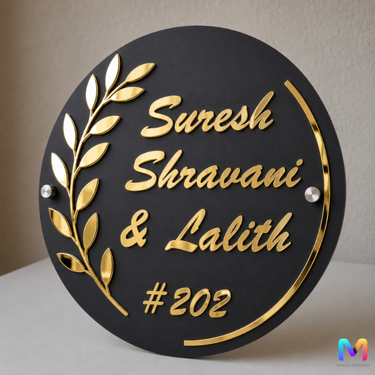 Gold Leaf Circular Acrylic Name Plate, Premium Name Plate