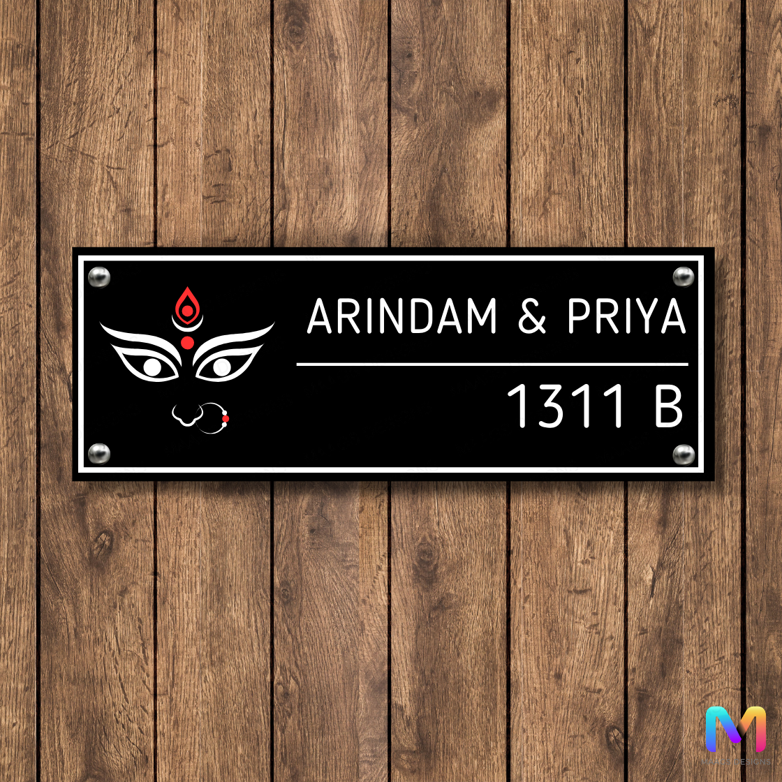 Ethnic Collection - Blessings of Maa Durga | Name Plate in Bengali (Acrylic) | Premium Name Plates for Homes Acrylic: White in Black
