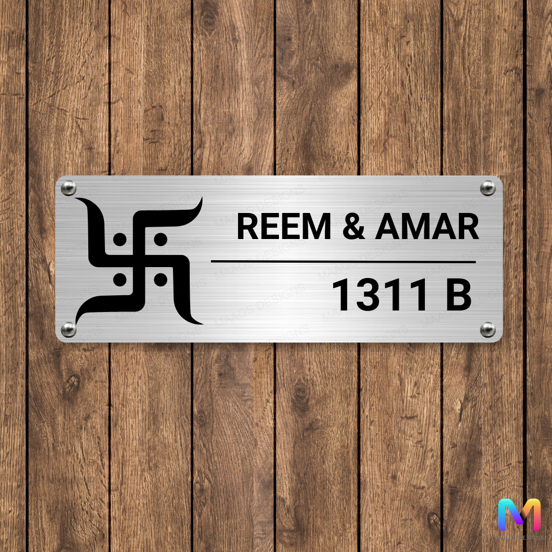 Ethnic Collection - Sacred Swastik Name Plate | Premium Custom Name Plates for Homes Stainless Steel: Natural
