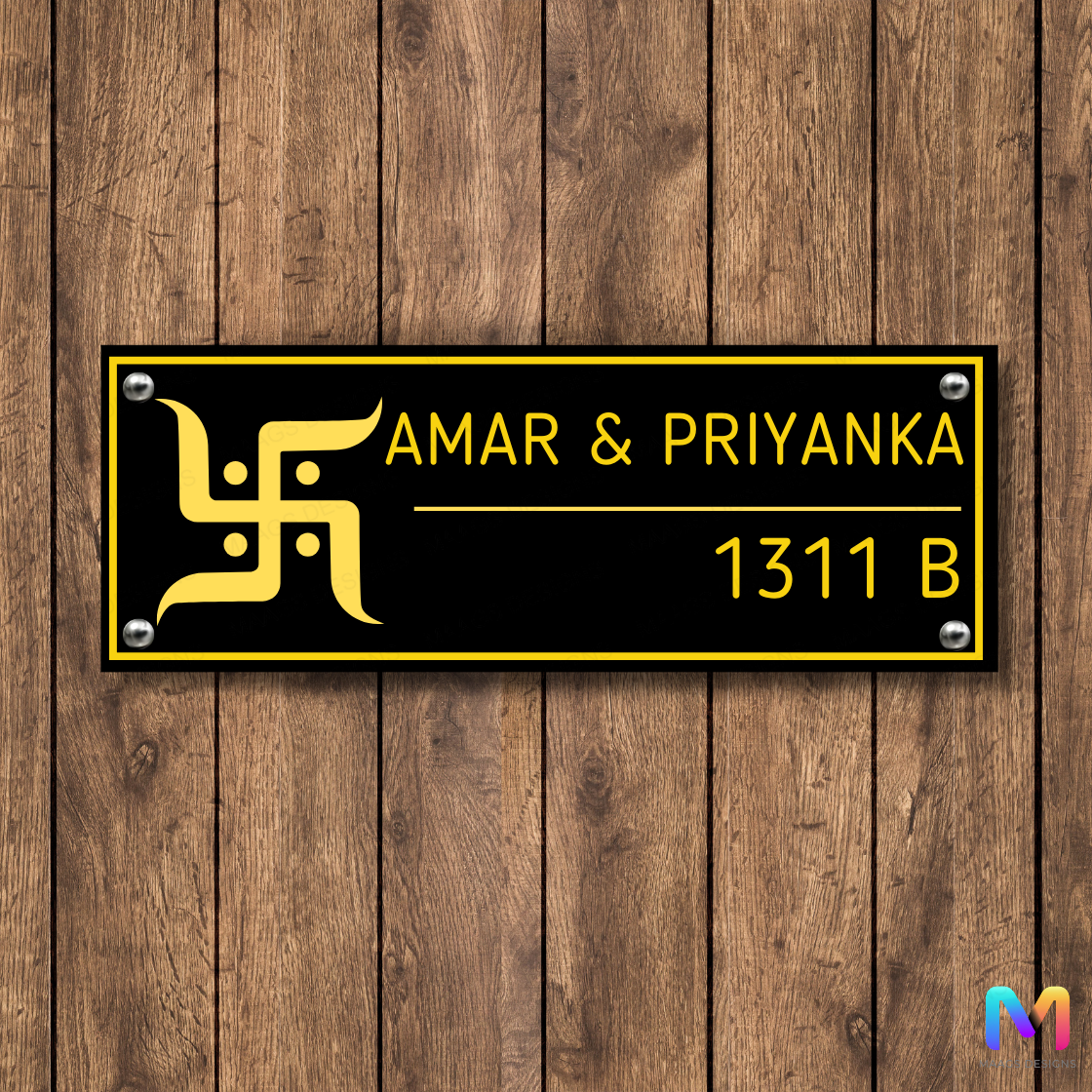 Ethnic Collection - Sacred Swastik Name Plate (Acrylic) | Premium Custom Name Plates for Home Acrylic: Deep Yellow in Black