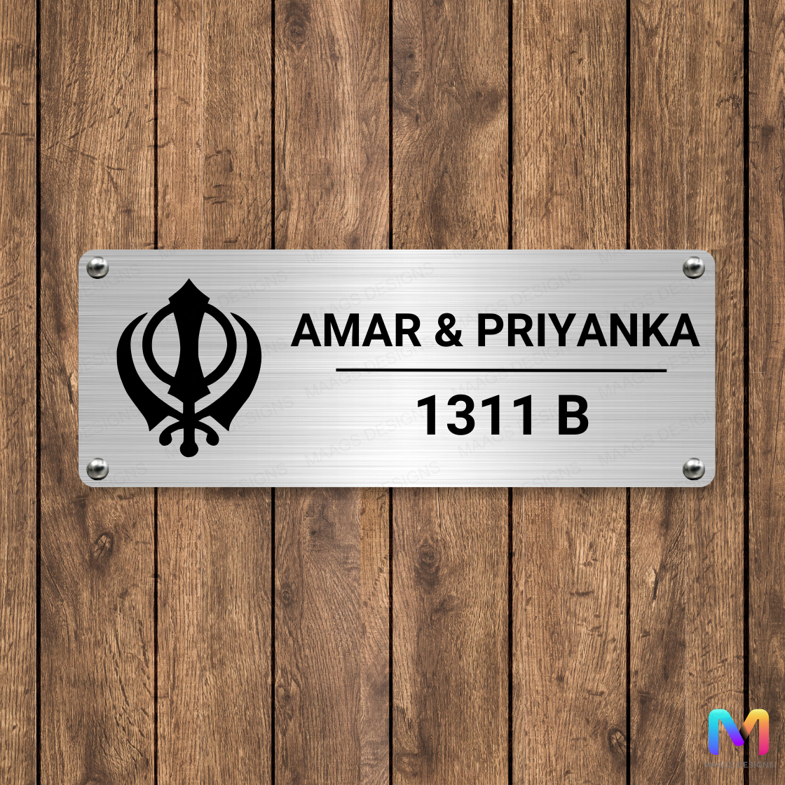 Ethnic Collection - Might of the Khanda Name Plate | Punjabi Name Plate (Stainless Steel) Stainless Steel: Natural