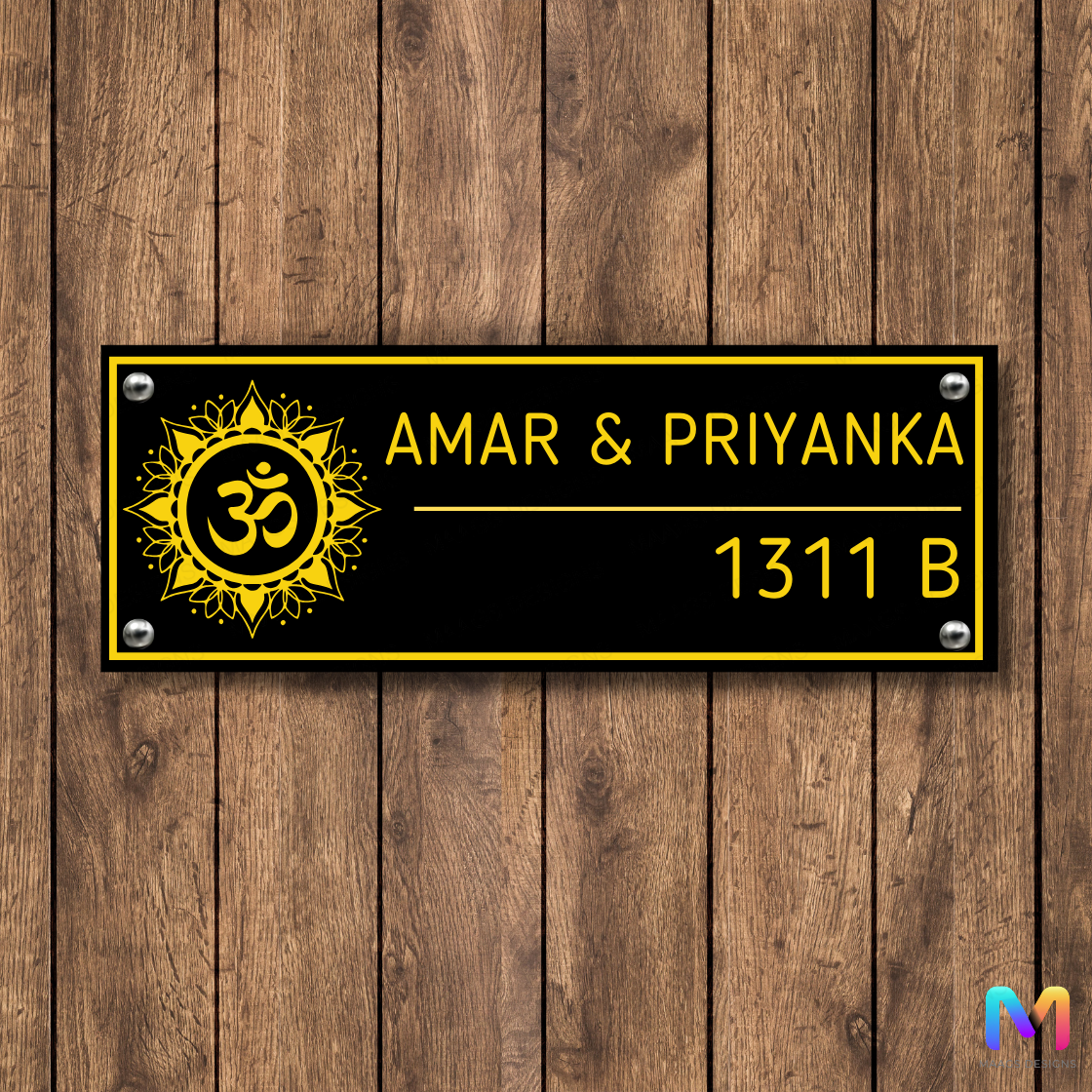 Ethnic Collection - Hari Om Name Plate for Home (Acrylic) | Premium Custom Name Plates for Home Acrylic: Deep Yellow in Black