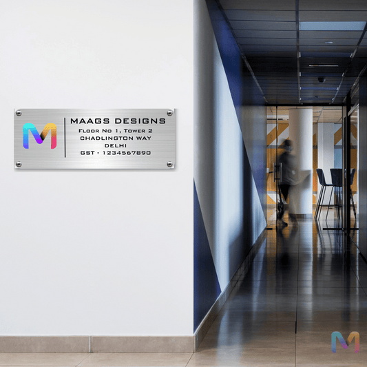 Urban Steel Identity - Stainless Steel Office Name Plate with Logo | Stainless Steel Name Plate for Office and Shops