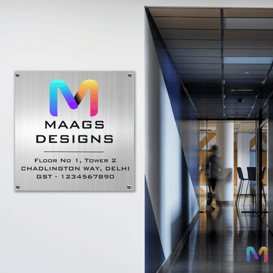 Urban Steel Identity - Stainless Steel Office Name Plate with Logo | Stainless Steel Name Plate for Office and Shops