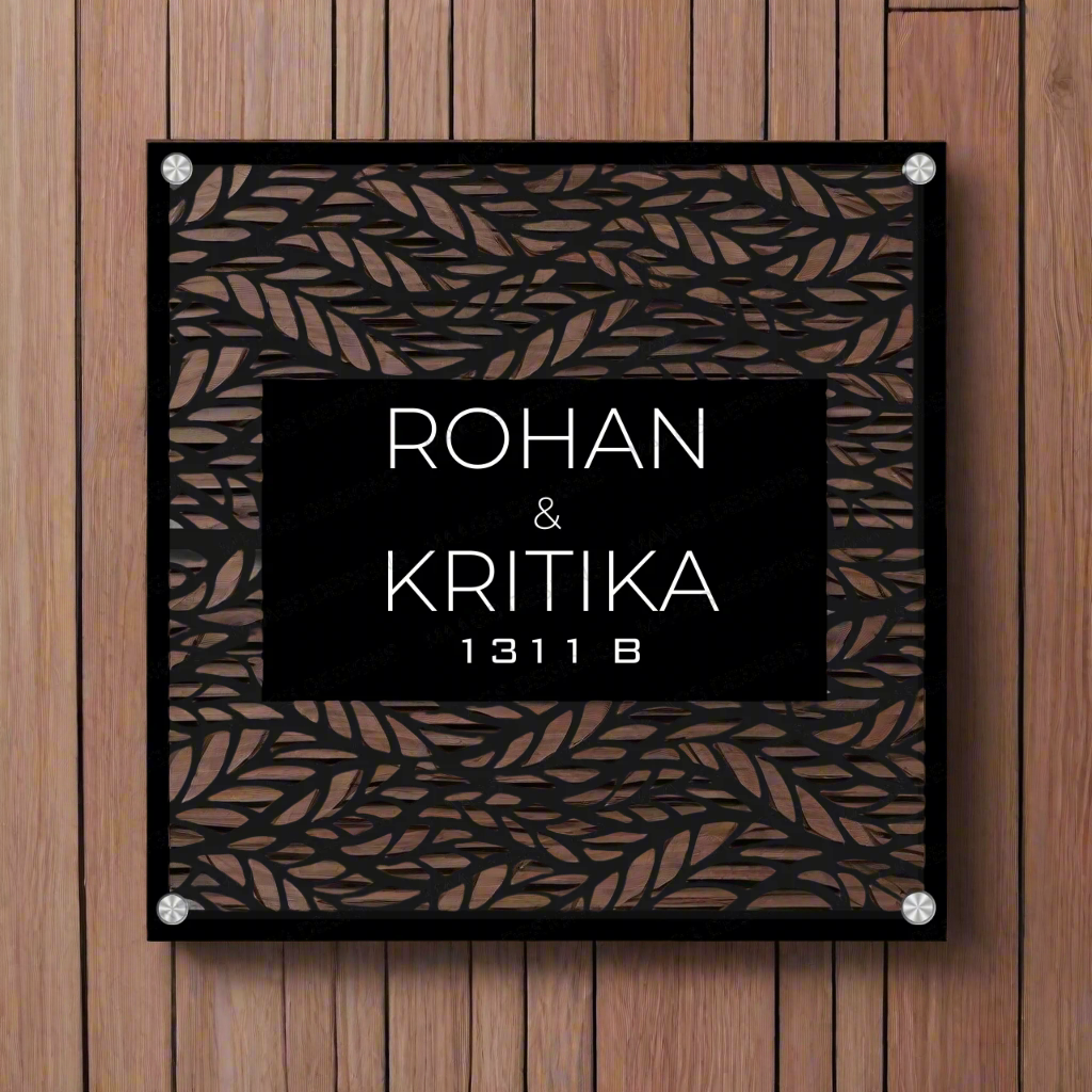 Blooming Square Name Plate | Custom Name Plates for Home Acrylic: White in Black Raised 3D Effect