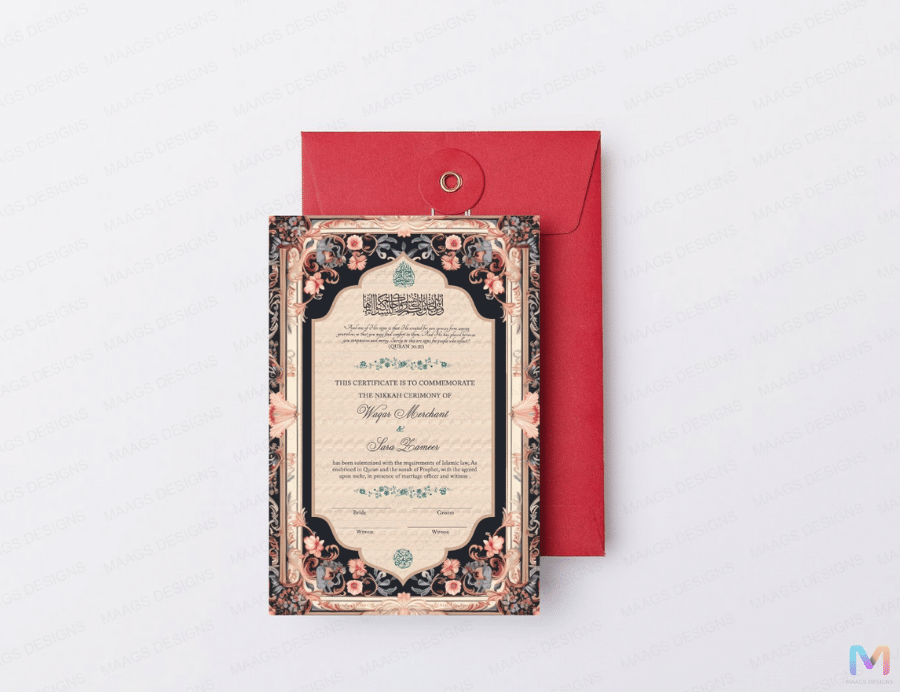 Wedding Nikah Nama - Black Floral Pattern - Premium Paper | Nikahnama | Keepsake Memory for Couples