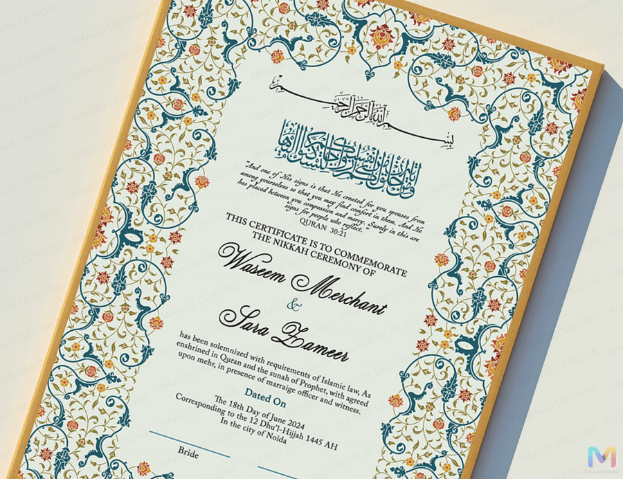 Wedding Nikah Nama - Green Floral Pattern - Premium Paper | Nikahnama | Keepsake Memory for Couples, Wedding, Anniversary, Gifts for Him & Her