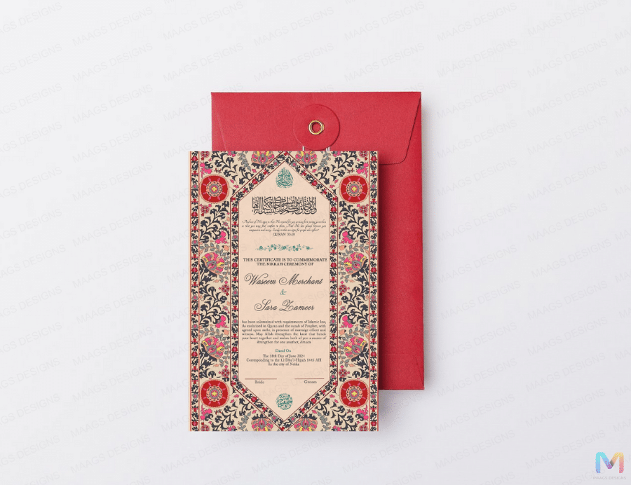 Wedding Nikah Nama - Red Floral Pattern - Premium Paper | Nikahnama | Keepsake Memory for Couples, Wedding, Anniversary, Gifts for Him & Her