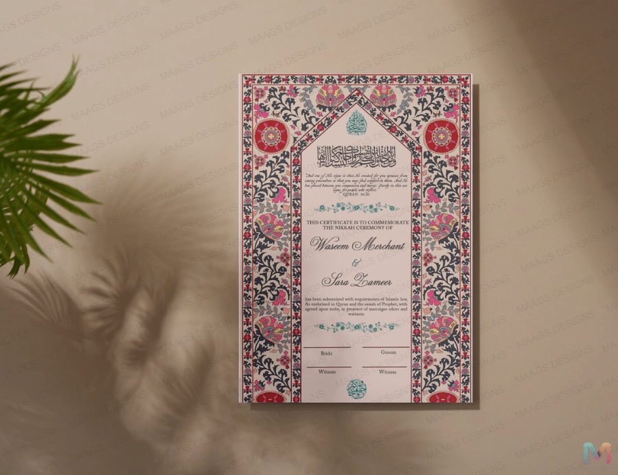 Wedding Nikah Nama - Red Floral Pattern - Premium Paper | Nikahnama | Keepsake Memory for Couples, Wedding, Anniversary, Gifts for Him & Her