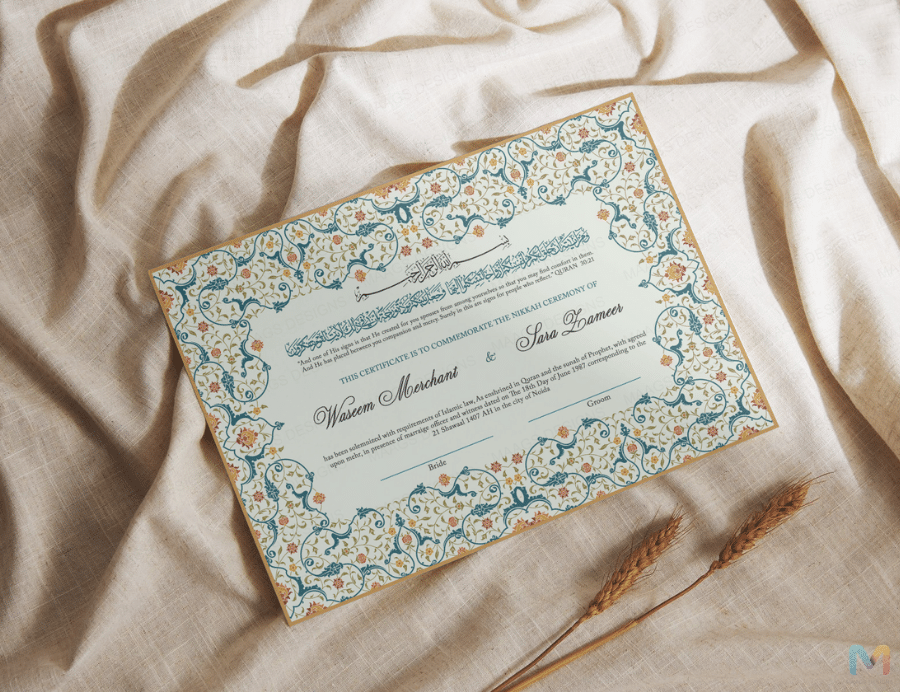 Wedding Nikah Nama - Green Floral Landscape Pattern - Premium Paper | Nikahnama | Keepsake Memory for Couples, Wedding, Gifts for Him & Her