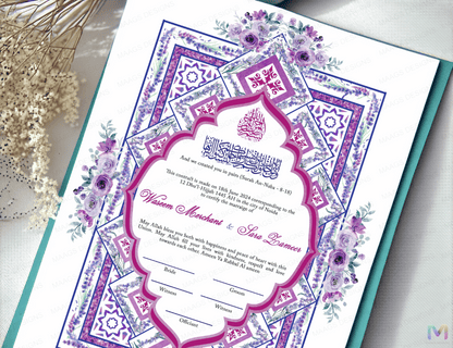 Wedding Nikah Nama - Lavender Watercolor - Premium Paper | Nikahnama | Keepsake Memory for Couples, Wedding, Anniversary, Gifts for Him & Her