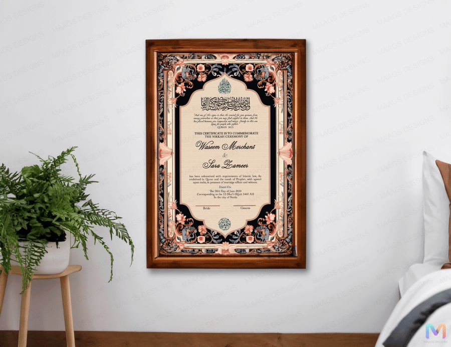 Wedding Nikah Nama - Black Floral Pattern - Premium Paper | Nikahnama | Keepsake Memory for Couples