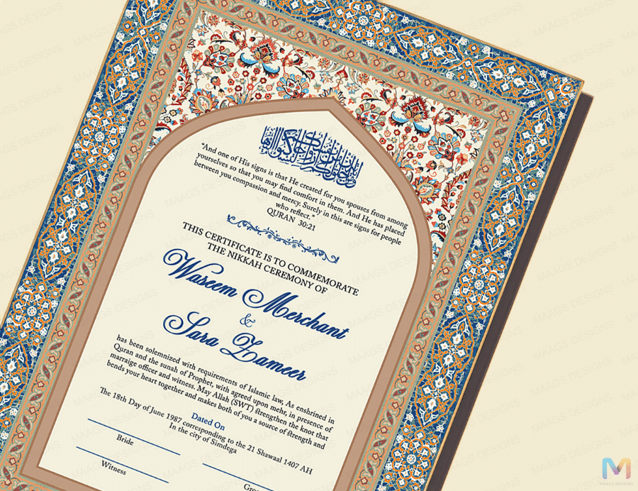 Wedding Nikah Nama - Blue Geometric Pattern - Premium Paper | Nikahnama | Keepsake Memory for Couples