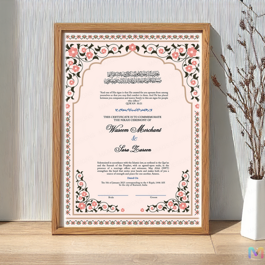 Wedding Nikah Nama - Blush Blossom Frame - Premium Paper | Nikahnama | Keepsake Memory for Couples