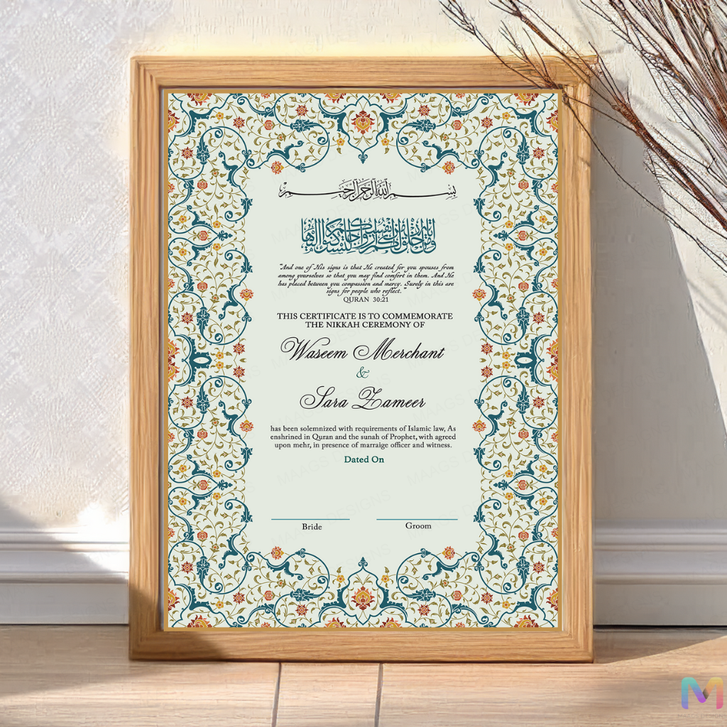 Wedding Nikah Nama - Green Floral Pattern - Premium Paper | Nikahnama | Keepsake Memory for Couples, Wedding, Anniversary, Gifts for Him & Her