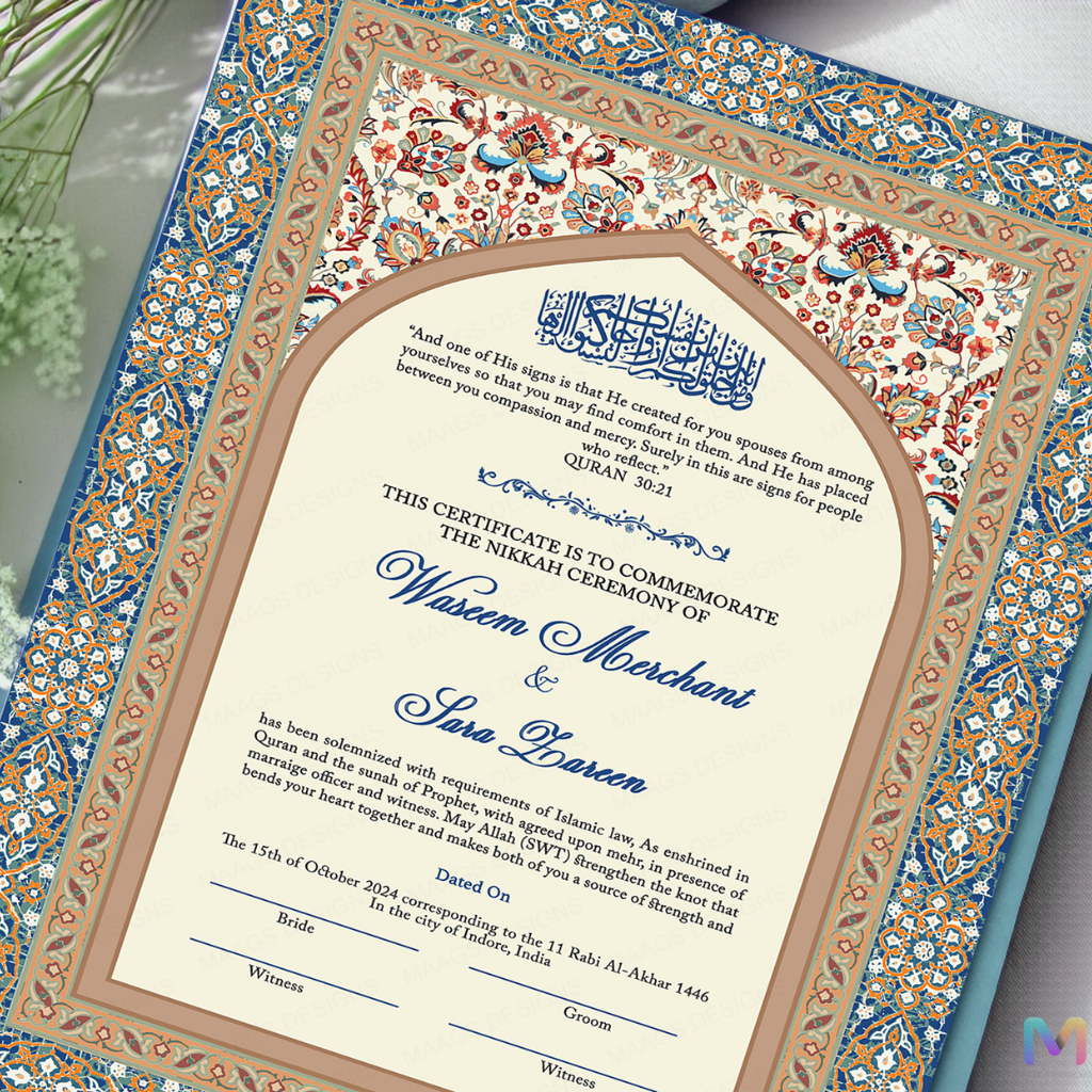 Wedding Nikah Nama - Blue Geometric Pattern - Premium Paper | Nikahnama | Keepsake Memory for Couples