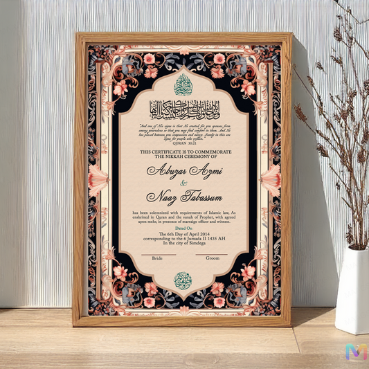 Wedding Nikah Nama - Black Floral Pattern - Premium Paper | Nikahnama | Keepsake Memory for Couples