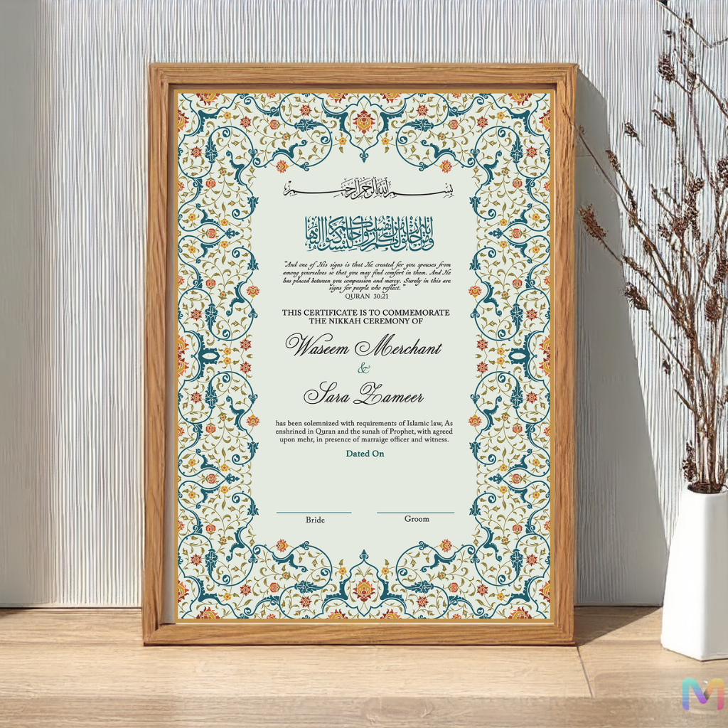 Wedding Nikah Nama - Green Floral Pattern - Premium Paper | Nikahnama | Keepsake Memory for Couples, Wedding, Anniversary, Gifts for Him & Her