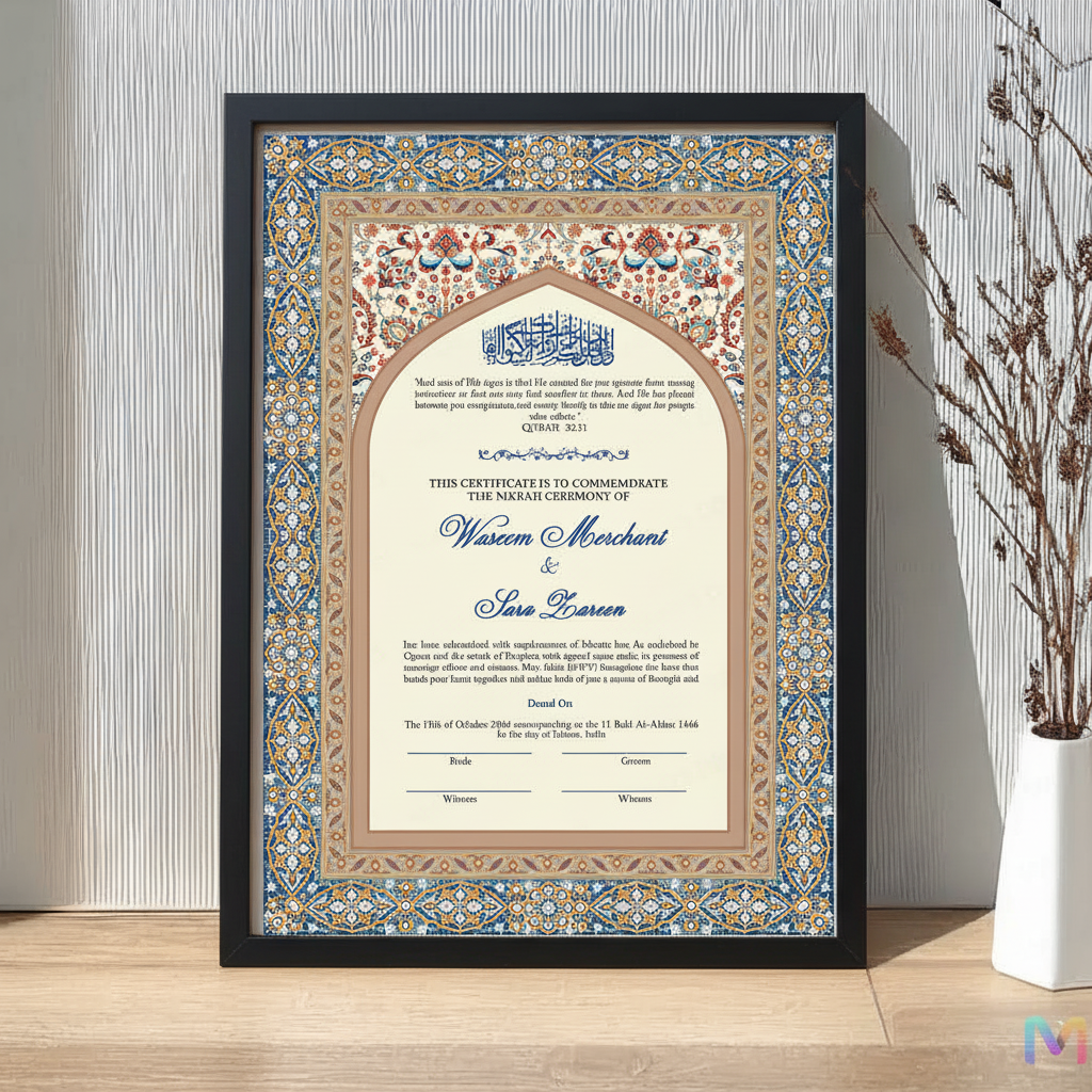 Nikahnama - Blue Geometric Nikahnama with Frame, Nikah Frames Black Synthetic Wood Frame
