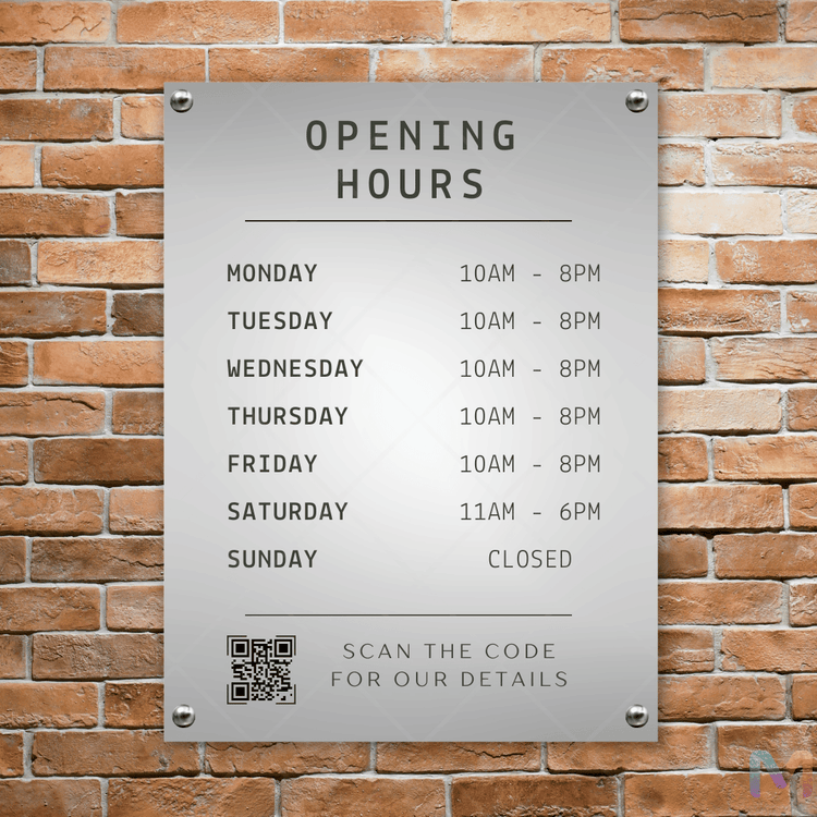 Opening Hours Board with QR Code (Stainless Steel) – Maags Designs