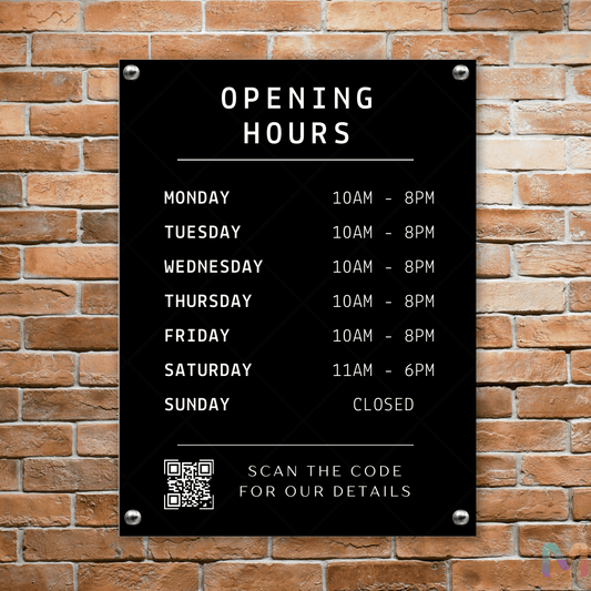 Opening Hours Board with QR Code for Homes, Coffee Shops and Restaurants QR Code Signage Plaque, Outdoor Office Sign, Reception, Door