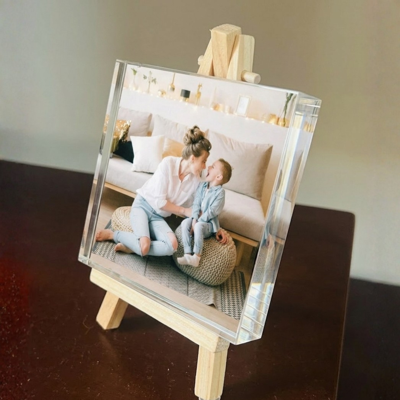 Personalized Acrylic Photo Block, Photo Stand | Gifts for Him & Her | Family Photo Desk | Desk Accessories 4 x 4 inches Easel Stand (Mini)