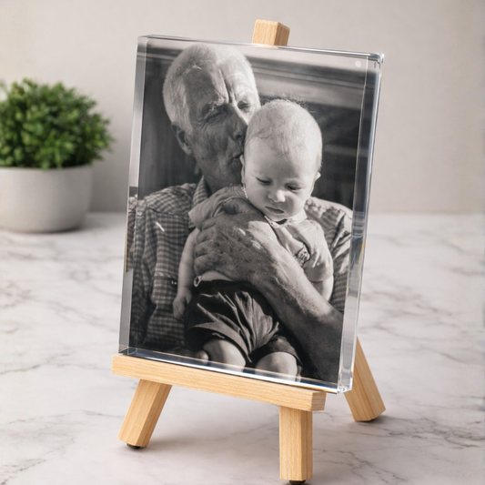 Personalized Acrylic Photo Block, Photo Stand | Gifts for Him & Her | Family Photo Desk | Desk Accessories Easel Stand (Mini)