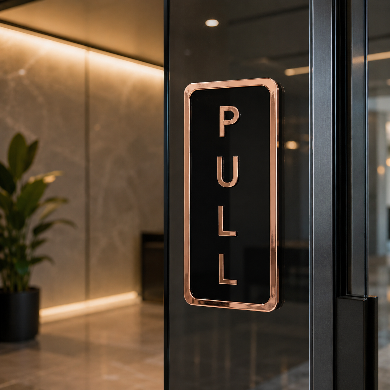 A rectangular acrylic black door pull sign with a copper  border and the word 'PULL' verticall, mounted on a glass door in a modern lobby setting.