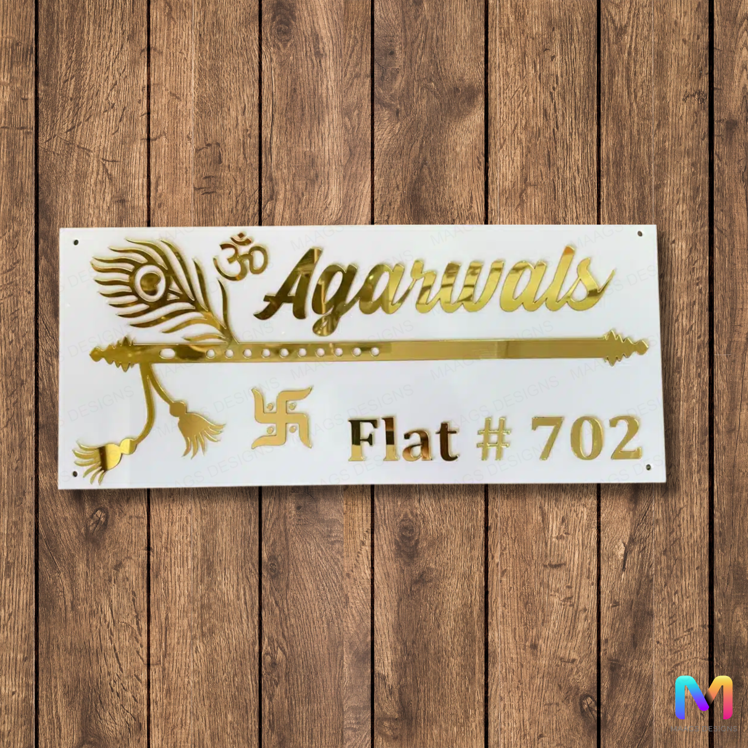 Shri Krishna Mor Pankh Gold in White Plate - Name Plate (Acrylic) Acrylic: Gold in White