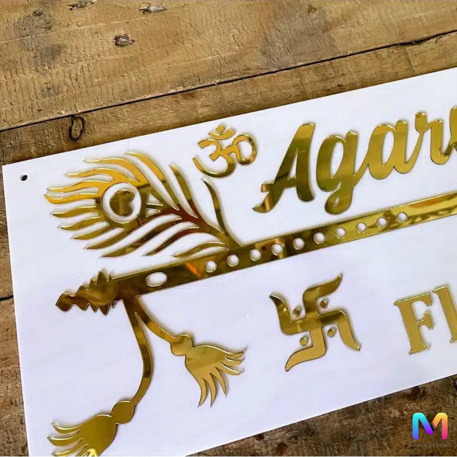 Shri Krishna Mor Pankh Gold in White Plate - Name Plate (Acrylic)