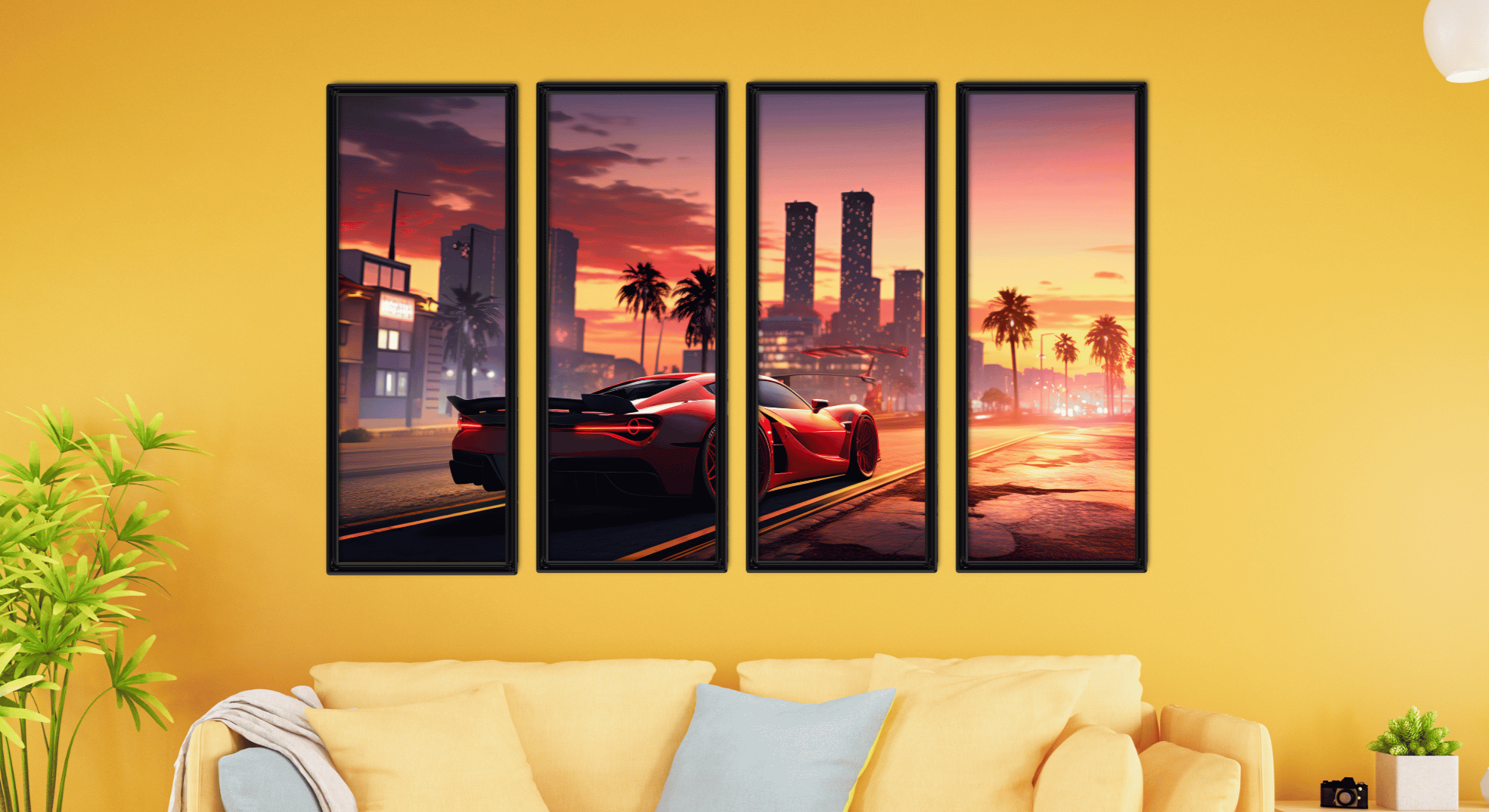 Sunset City - Red Sports Car - Set of 4 - Premium Split Wall Art